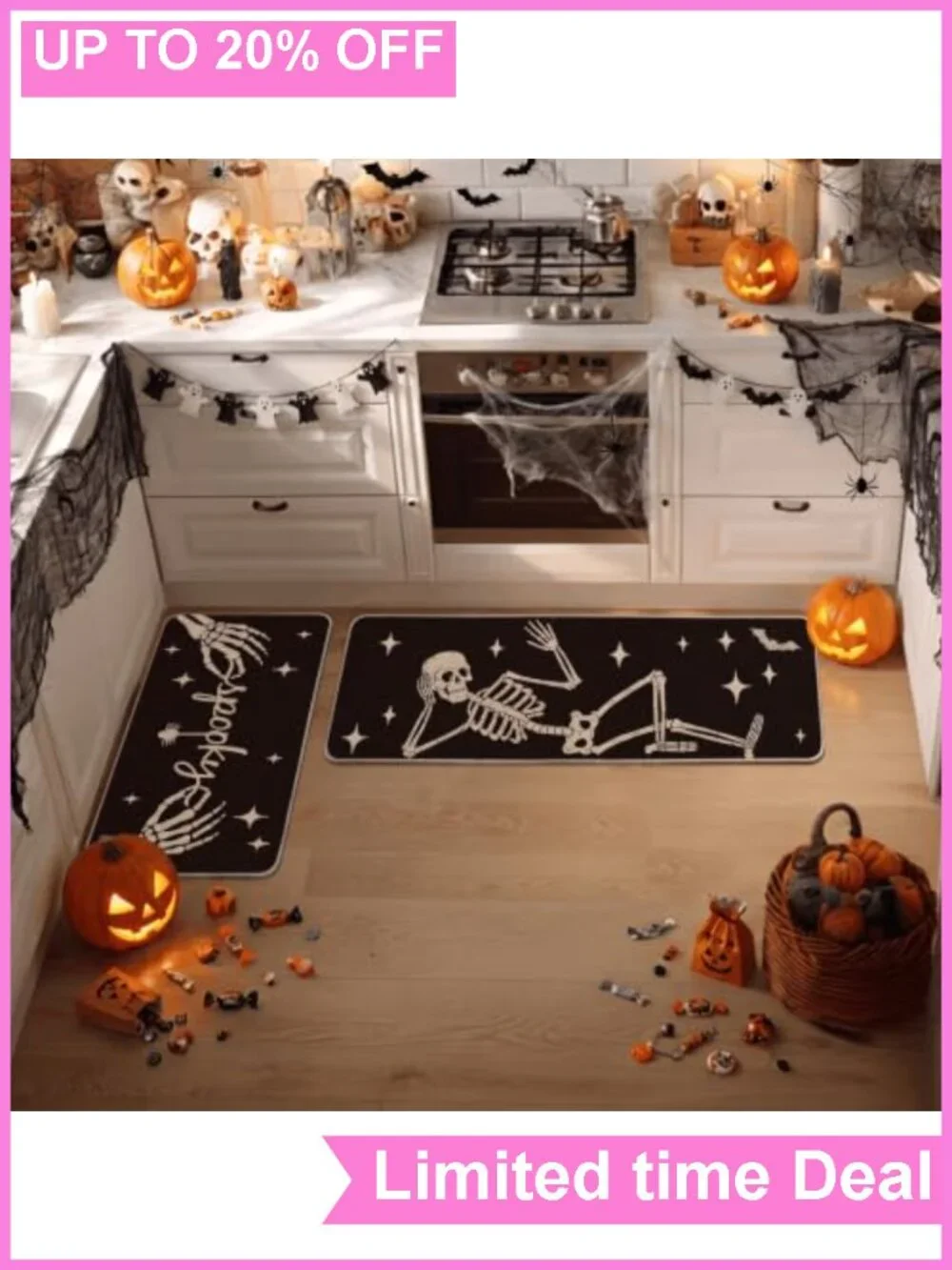 Kitchen Mats Set of 2 Non-Slip Rubber Polyester Felt Halloween Skeleton Spider